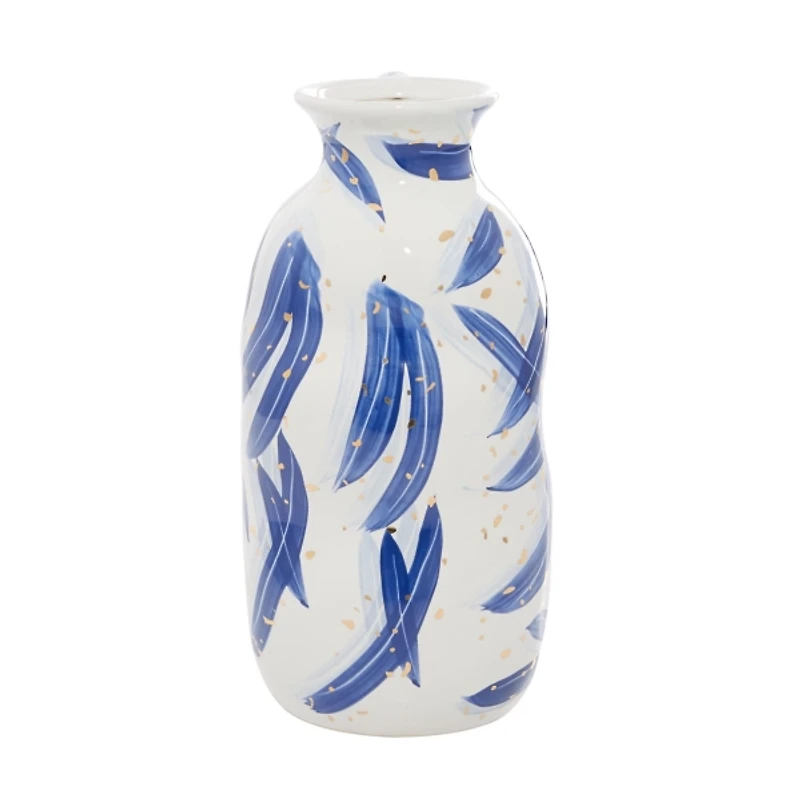 Blue and White Feather Stroke Ceramic Vase, 13 in.