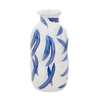 Blue and White Feather Stroke Ceramic Vase, 13 in.
