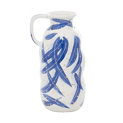 Blue and White Feather Stroke Ceramic Vase, 13 in.