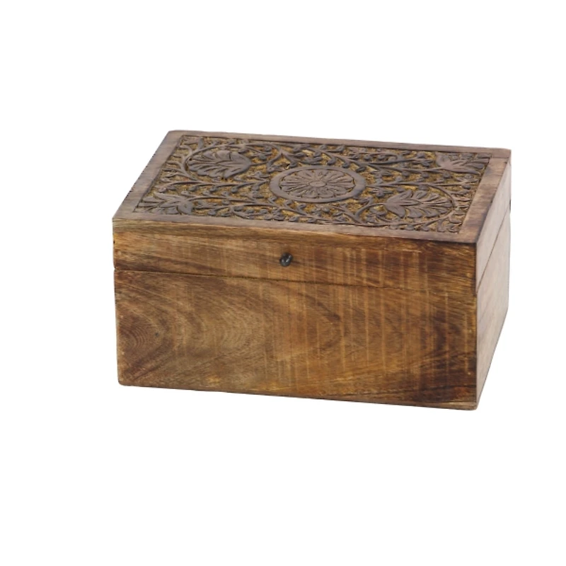 Brown Mango Wood Carved Boxes, Set of 3