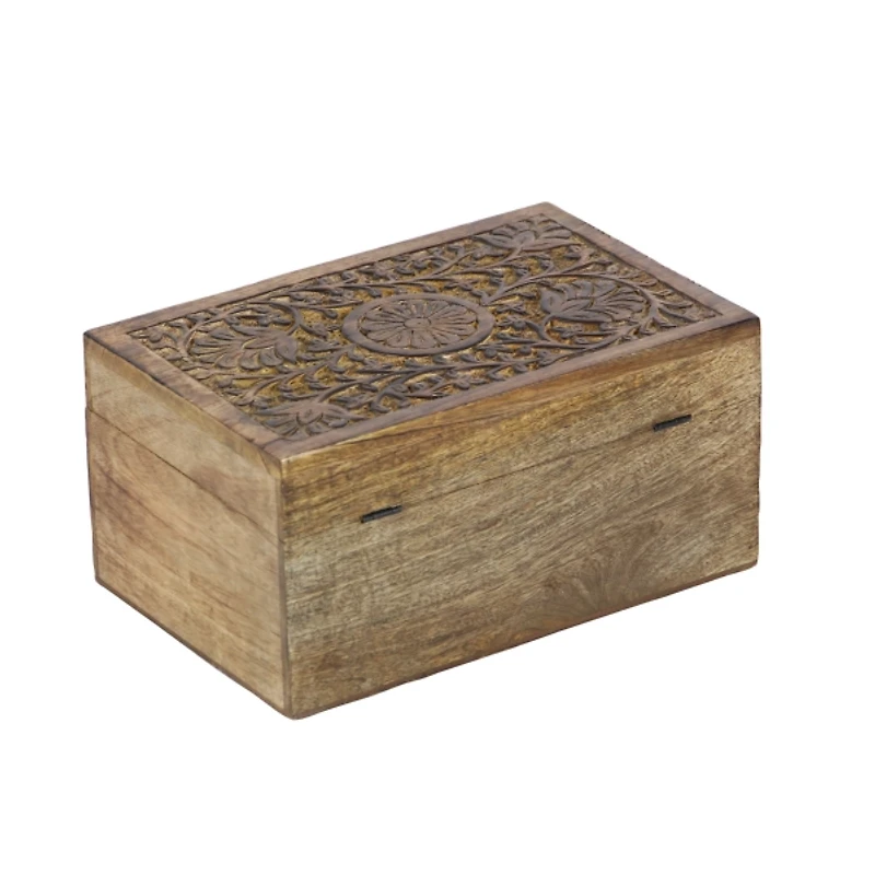 Brown Mango Wood Carved Boxes, Set of 3