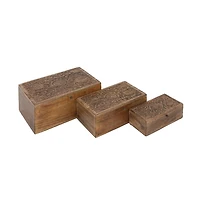 Brown Mango Wood Carved Boxes, Set of 3