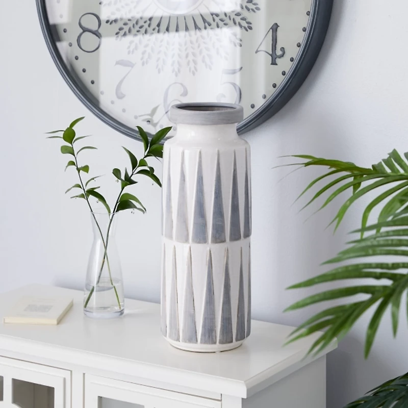 White and Gray Geometric Triangle Vase, 17 in.