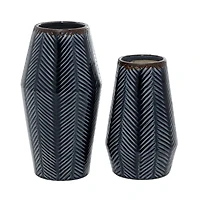Navy Carved Chevron Ceramic Vases, Set of 2