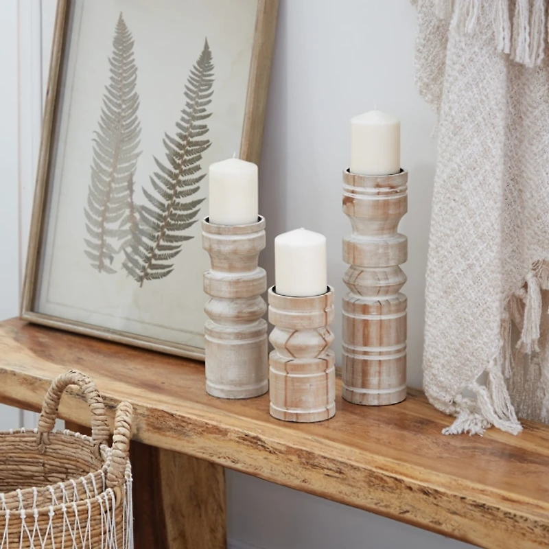 White Washed Wood Column Candle Holders, Set of 3