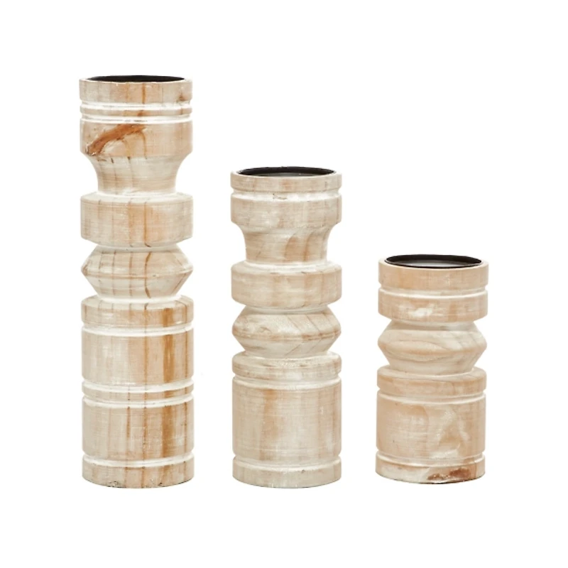 White Washed Wood Column Candle Holders, Set of 3