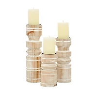 White Washed Wood Column Candle Holders, Set of 3