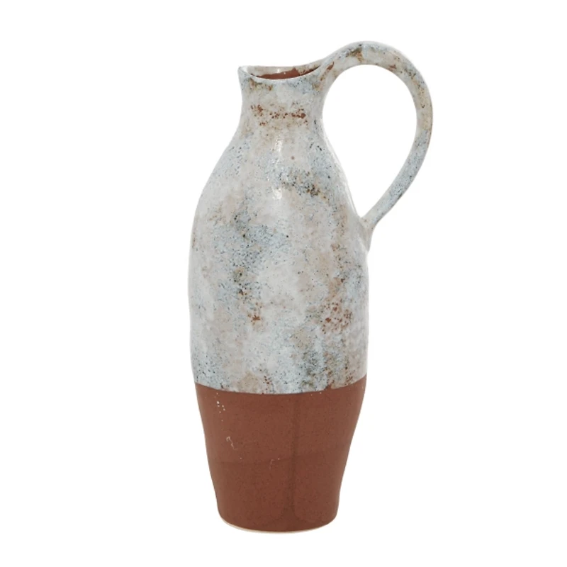 White and Rust Brown Ceramic Vase, 14 in.