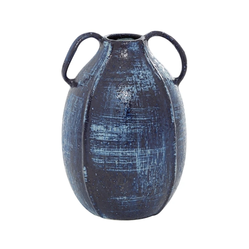 Blue Crosshatch Double Handle Ceramic Vase, 9 in.
