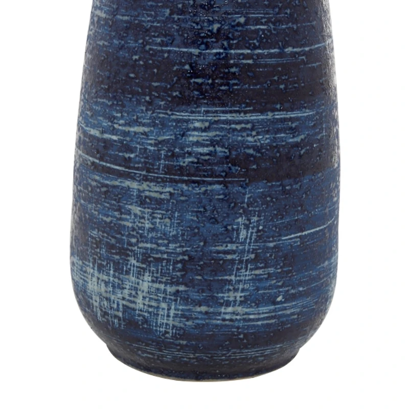 Blue Crosshatch Triple Handle Ceramic Vase, 17 in.