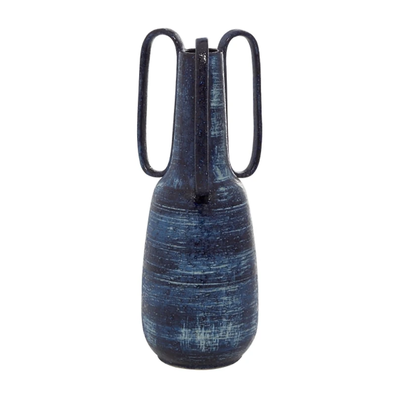Blue Crosshatch Triple Handle Ceramic Vase, 17 in.