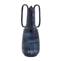 Blue Crosshatch Triple Handle Ceramic Vase, 17 in.