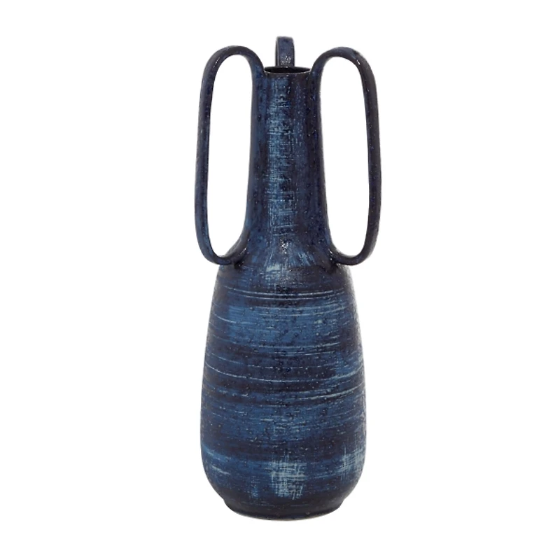 Blue Crosshatch Triple Handle Ceramic Vase, 17 in.