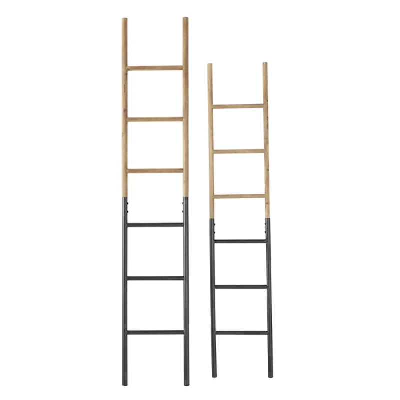 Light Brown Wood and Black Metal Ladders, Set of 2