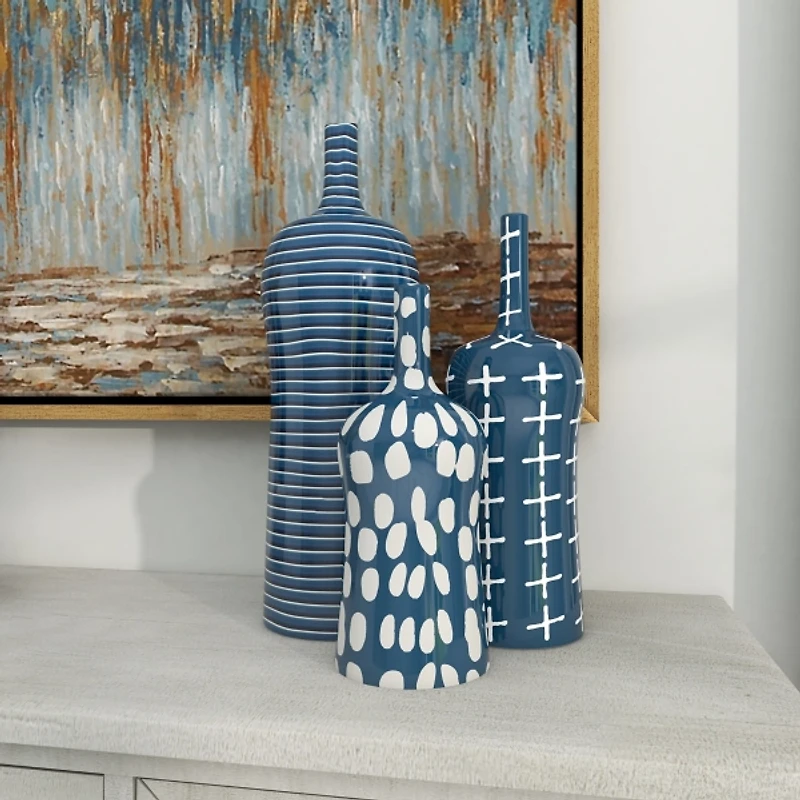 Blue Stoneware Vases, Set of 3