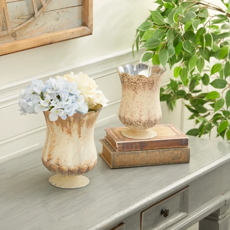 Scalloped Rustic Brown Glass Cup Vases, Set of 2