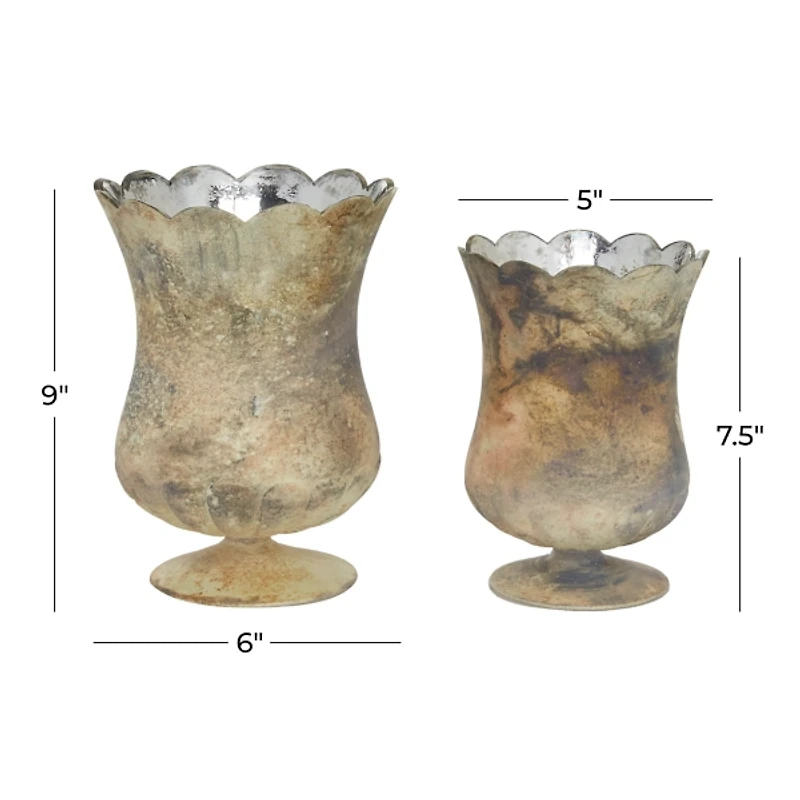 Scalloped Rustic Brown Glass Cup Vases, Set of 2