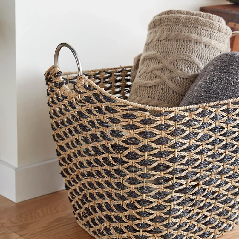 Natural and Black Seagrass Diamond Weave Basket