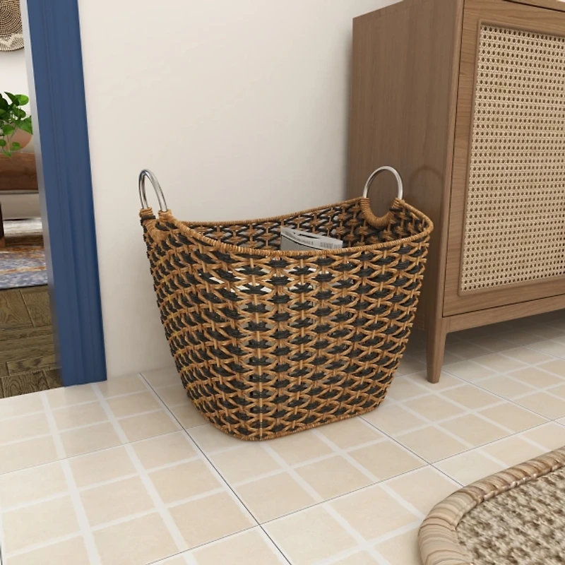 Natural and Black Seagrass Diamond Weave Basket
