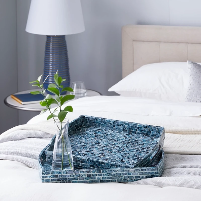 Coastal Blue Wood and Oyster Shell Trays, Set of 2