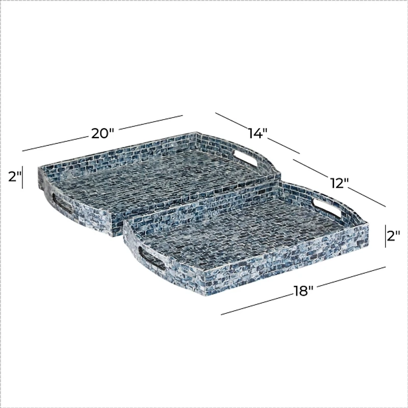 Coastal Blue Wood and Oyster Shell Trays, Set of 2