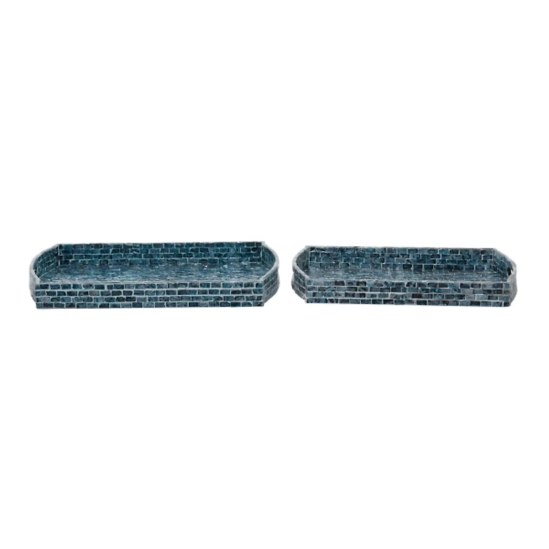 Coastal Blue Wood and Oyster Shell Trays, Set of 2