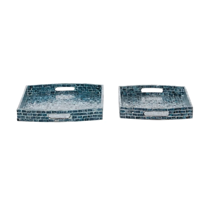 Coastal Blue Wood and Oyster Shell Trays, Set of 2