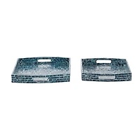 Coastal Blue Wood and Oyster Shell Trays, Set of 2