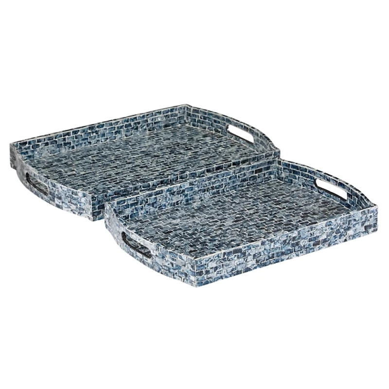 Coastal Blue Wood and Oyster Shell Trays, Set of 2