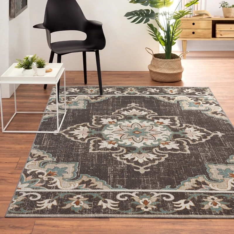 Brown Floral Medallion Outdoor Area Rug