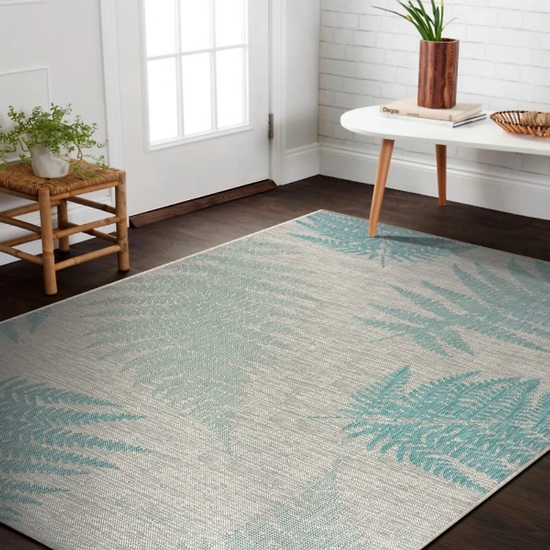 Teal and Tan Falling Ferns Outdoor Area Rug, 5x7