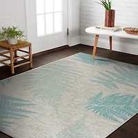 Teal and Tan Falling Ferns Outdoor Area Rug, 5x7