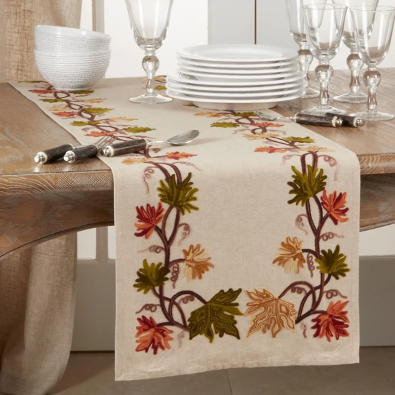 Embroidered Fall Leaf Border Table Runner