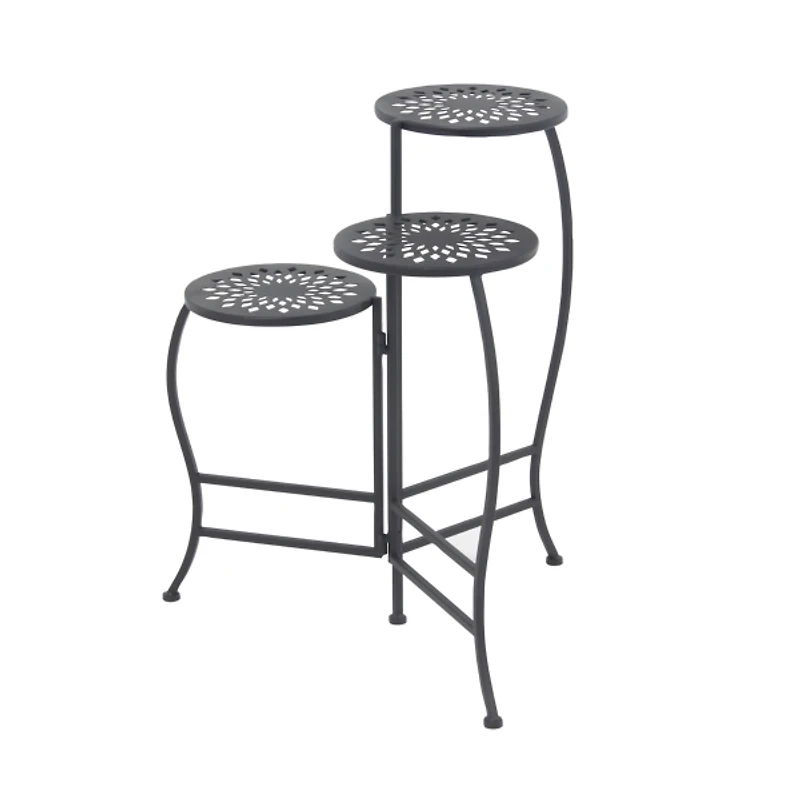 Black Metal Medallion 3-Tier Folding Plant Stand