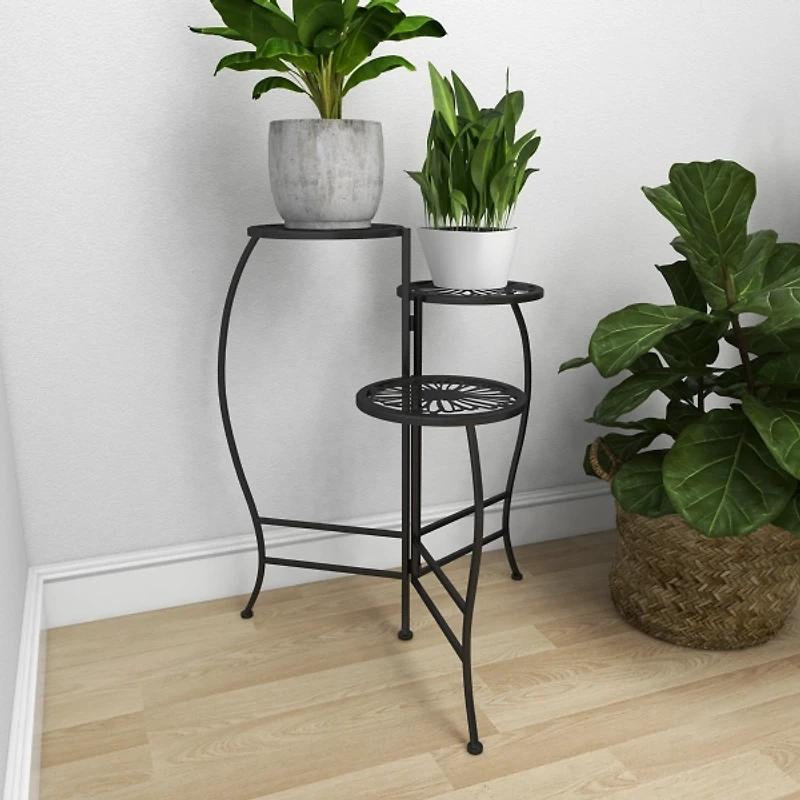 Black Metal Floral 3-Tier Plant Stand