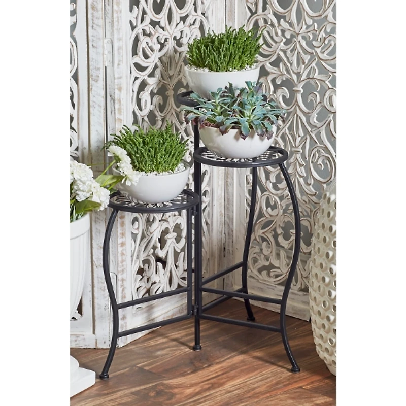 Black Metal Floral 3-Tier Plant Stand