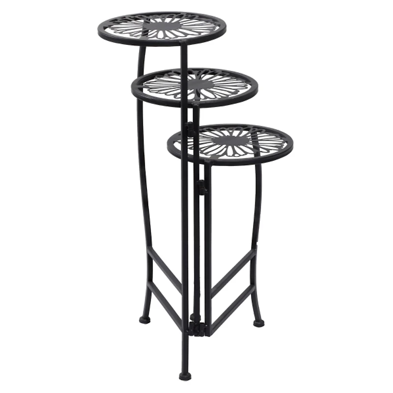 Black Metal Floral 3-Tier Plant Stand
