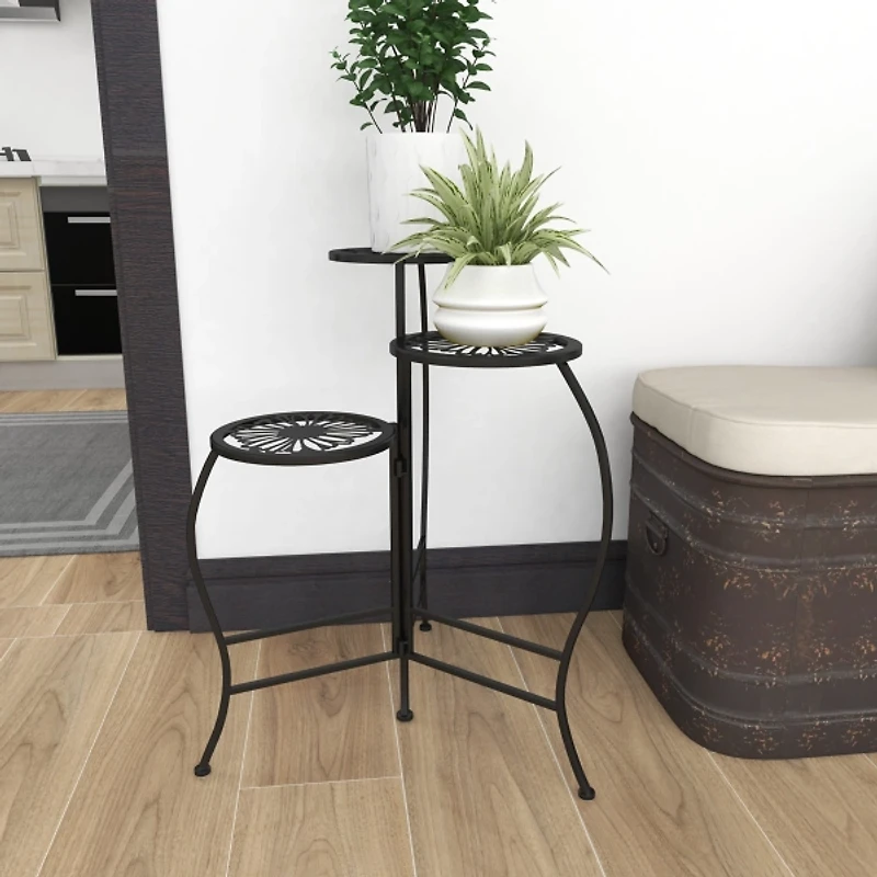 Black Metal Floral 3-Tier Plant Stand