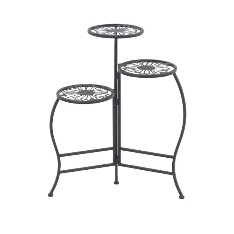 Black Metal Floral 3-Tier Plant Stand