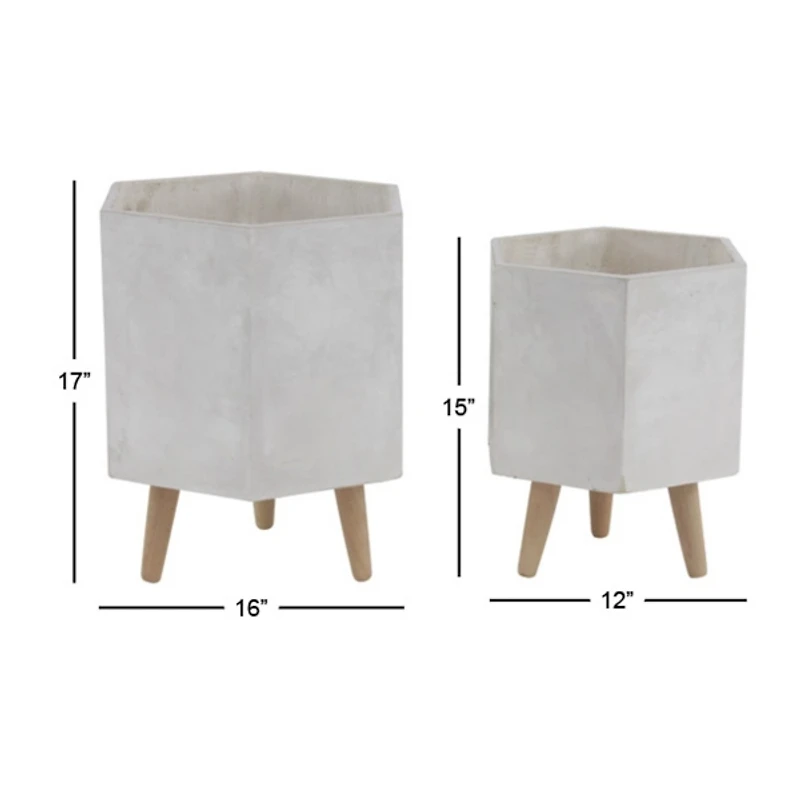 White Clay and Wood Hexagon Planters, Set of 2