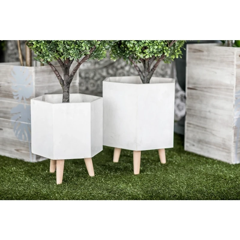 White Clay and Wood Hexagon Planters, Set of 2
