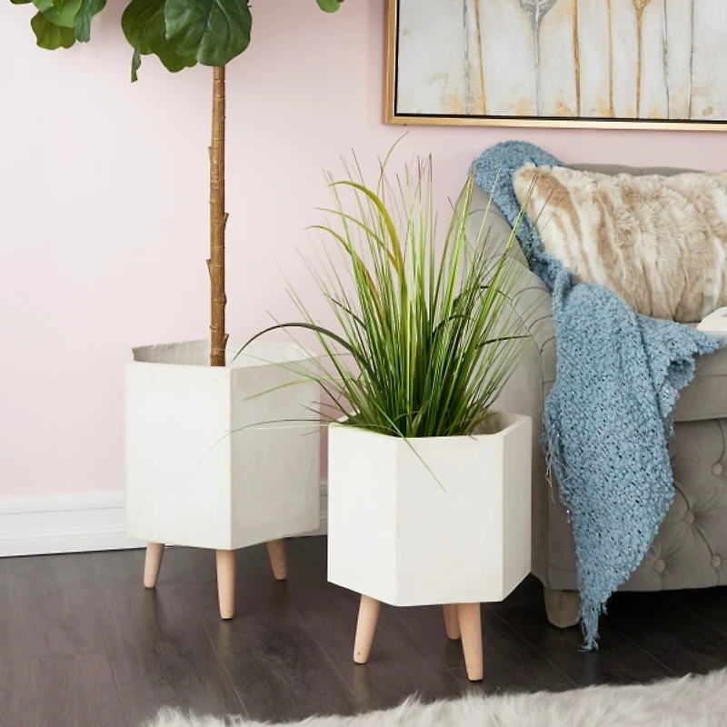 White Clay and Wood Hexagon Planters, Set of 2