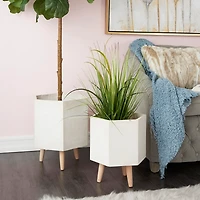 White Clay and Wood Hexagon Planters, Set of 2