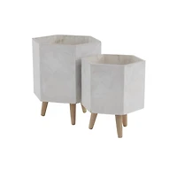 White Clay and Wood Hexagon Planters, Set of 2