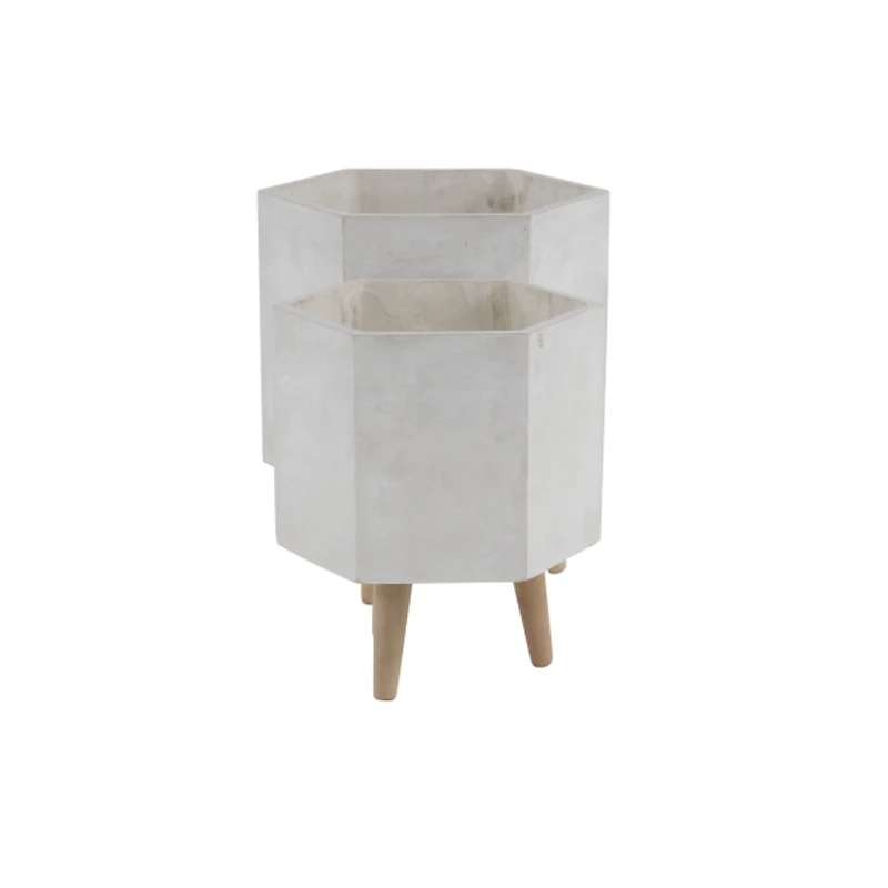 White Clay and Wood Hexagon Planters, Set of 2