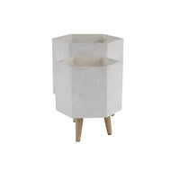White Clay and Wood Hexagon Planters, Set of 2