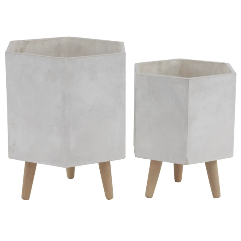 White Clay and Wood Hexagon Planters, Set of 2