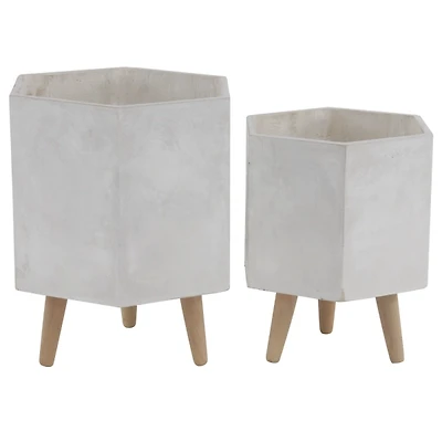 White Clay and Wood Hexagon Planters, Set of 2