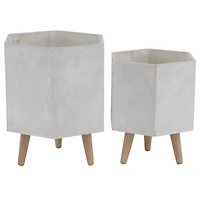 White Clay and Wood Hexagon Planters, Set of 2