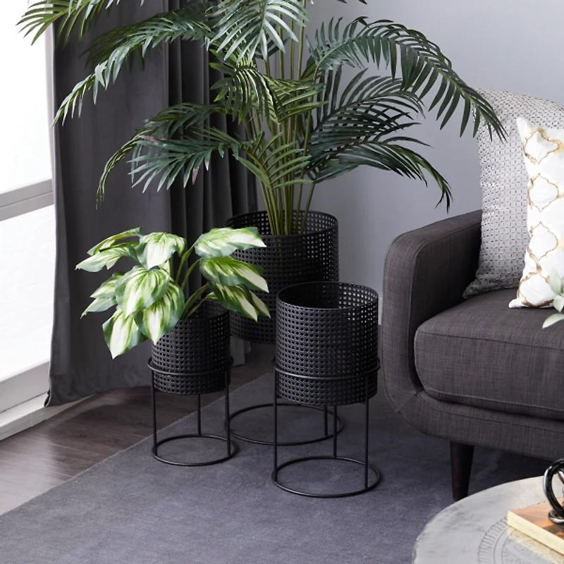 Black Metal Basket Weave Planters, Set of 3